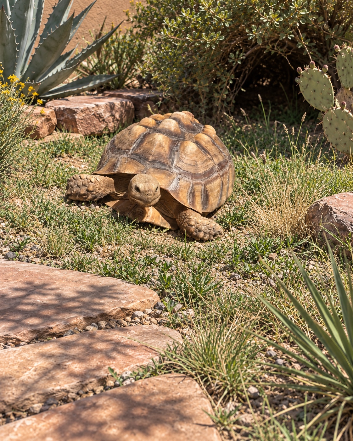 A sulcata facing the camera in a garden with grass, rocks, and plants